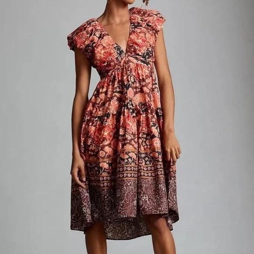 Anthropologie Printed‎ Tie V-Neck Babydoll Dress Womens Size 2 Rust Floral